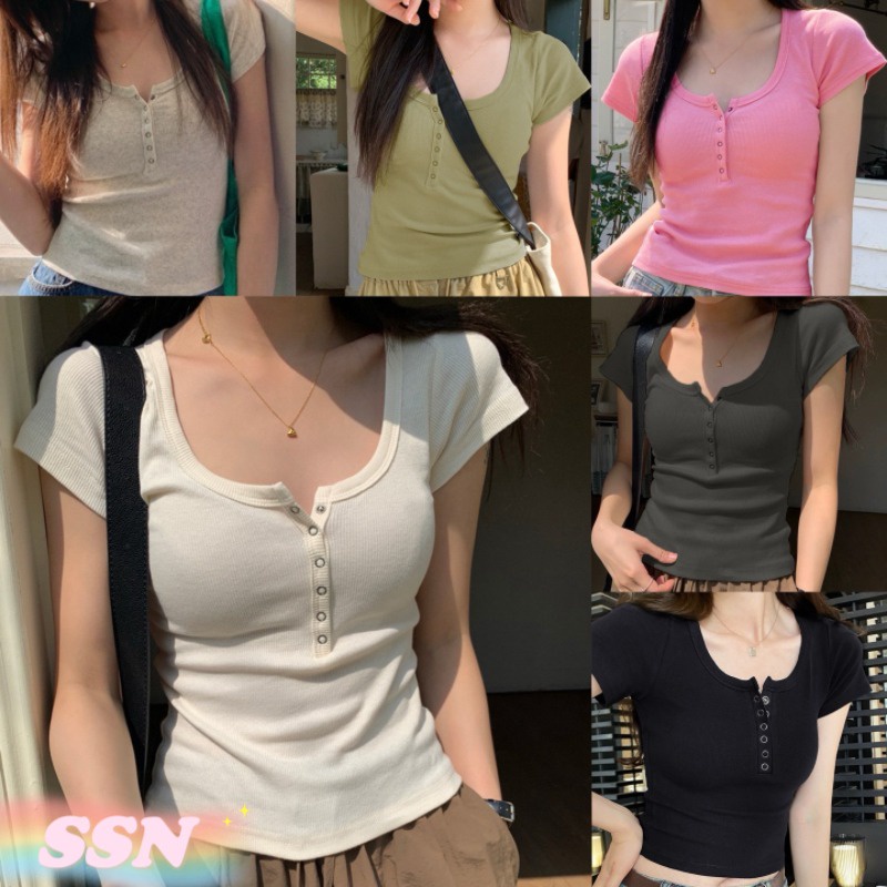 (จัดส่งจากประเทศไทย) ฤดูร้อนแฟชั่นสีทึบแขนสั้นเสื้อยืดคอ U เสื้อยืดสตรีหน้าอกใหญ่กระชับสัดส่วนกระชับสัดส่วน