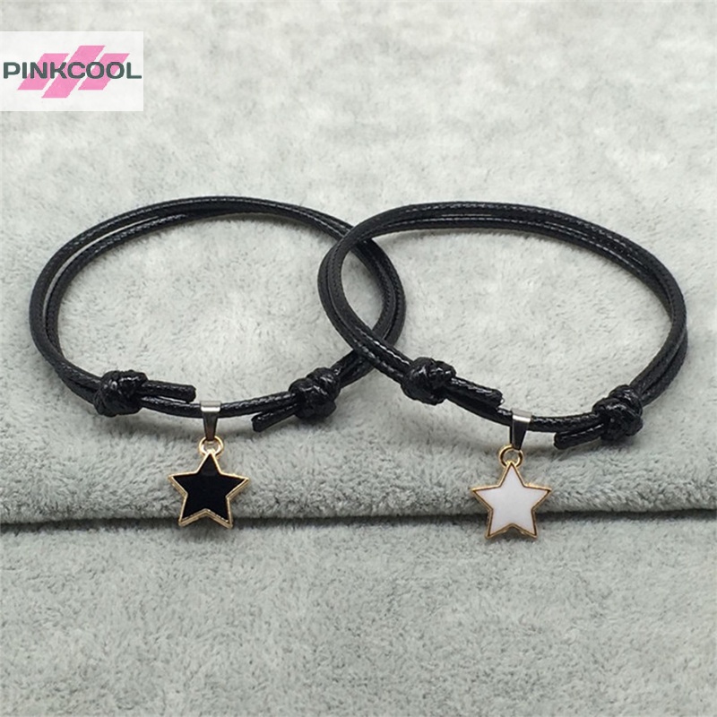Pinkcool 2 ชิ้น / เซต แฟชั่น คู่รัก สร้อยข้อมือ เชือกสีดํา จี้หัวใจ สร้อยข้อมือ สําหรับผู้หญิง ผู้ชาย คู่รัก สร้อยข้อมือ เครื่องประดับ ของขวัญ ขายดี