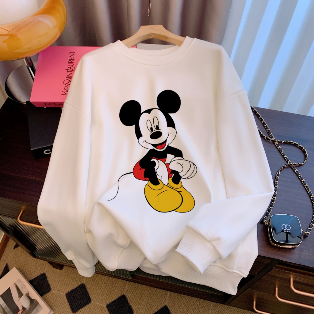เสื้อกันหนาวแขนยาวลําลอง คอกลม ทรงหลวม พิมพ์ลายการ์ตูนมิกกี้เมาส์ ขนาดใหญ่ แฟชั่นฤดูใบไม้ร่วง และฤดูหนาว สําหรับผู้หญิง