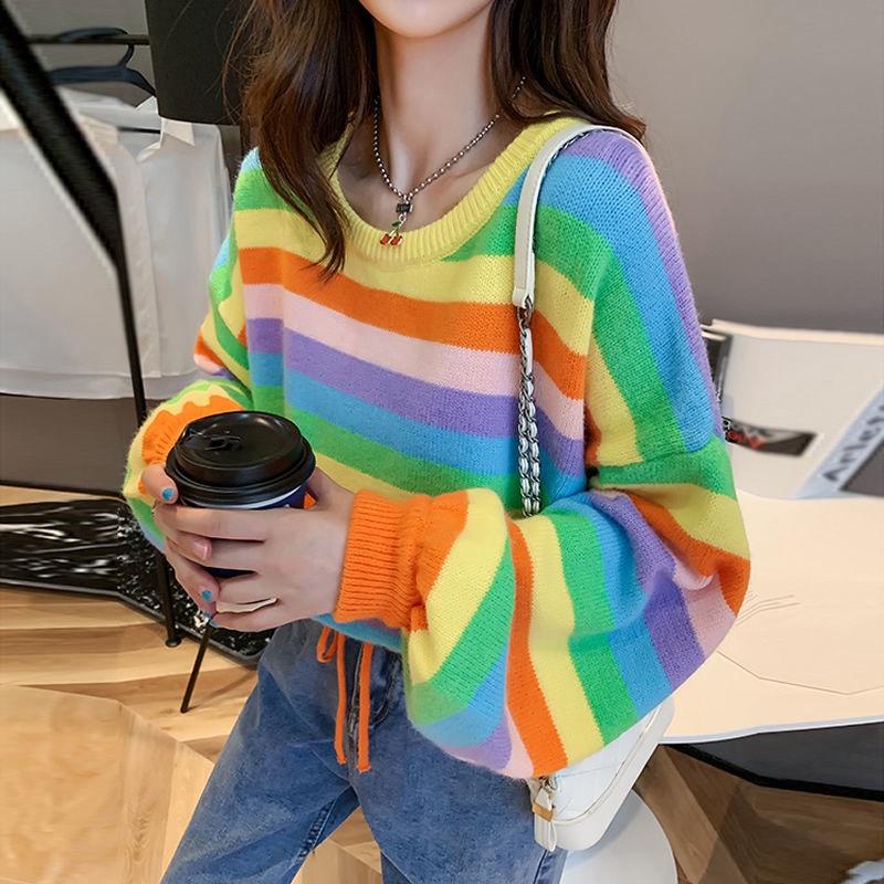 เสื้อกันหนาว ผ้าถัก ลายทางน่ารัก หรูหรา สไตล์เกาหลี ฮาราจูกุ แฟชั่นสําหรับผู้หญิง