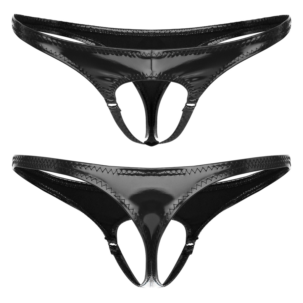 Mens Hollow Out Front Thong Patent Leather G-String ชุดชั้นใน Low Rise Elastic Waistband T-back กางเกง