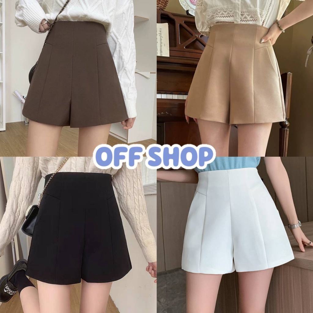 OFF SHOP พร้อมส่ง (OFF-7316) กางเกงขาสั้นสีพื้น เอวสูง มีกระเป๋าข้าง