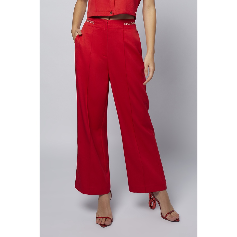 f.fashion กางเกงทรงขากว้างแต่งโซ่ ผู้หญิง สีแดง | Chain Decorated Wide Leg Trousers | 06348