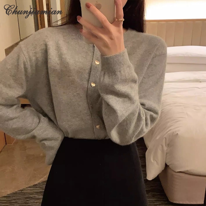Chunjiamian เสื้อคาร์ดิแกนถัก คอกลม ทรงหลวม สีชมพู แฟชั่นฤดูใบไม้ผลิ และฤดูใบไม้ร่วง สําหรับผู้หญิง