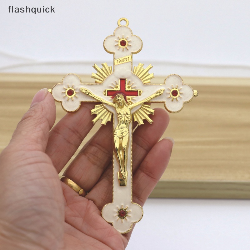 Flashquick ทองคาทอลิก INRI ไม้กางเขนติดผนัง คริสเตียน La Cross Fleuree อธิษฐาน โบสถ์ ตกแต่ง แขวน ไม้กางเขน ดี