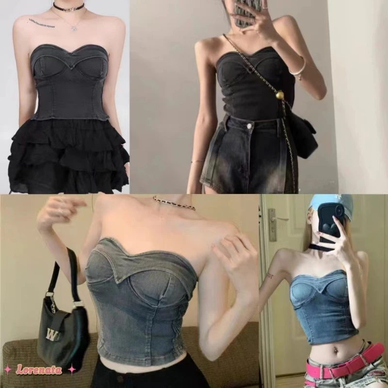 (จัดส่งจากกรุงเทพฯ) ฤดูร้อนรูปแบบใหม่ ผ้ายีนส์เซ็กซี่ เสื้อครอปเปิดไหล่ทรงสลิมฟิตสำหรับผู้หญิง