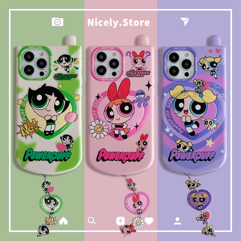 การ์ตูนพลังงานสาวพับหัวใจรักกระจกแต่งหน้าโซ่เคสโทรศัพท์เข้ากันได้สําหรับ ไอโฟน 16 15 14 13 12 มือโปร สูงสุด 11 วงเล็บที่มองไม่เห็นกันกระแทก ทีพียู ปลอกโ