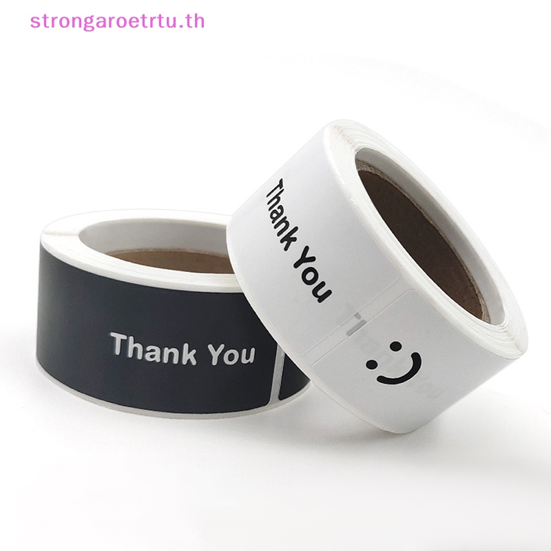Strongaroetrtu สติกเกอร์ฉลาก ลายหน้ายิ้ม Thank You ทรงสี่เหลี่ยมผืนผ้า สีดํา และสีขาว 120 ชิ้น ต่อม้วน TH