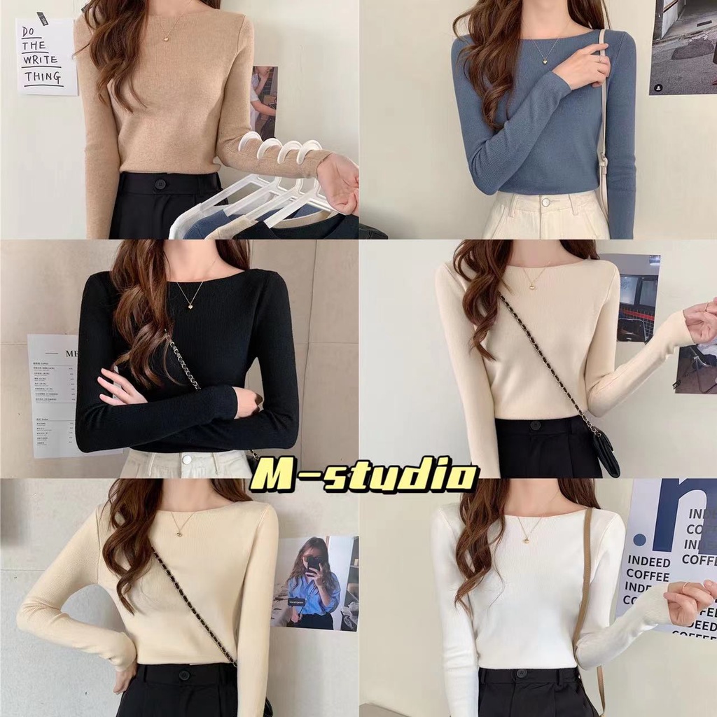Maze**พร้อมส่ง**เสื้อแขนยาวผ้าถักไหมพรม ดีเทลเรียบๆสีพื้นเกาหลีๆสวมใส่สบาย(52132)