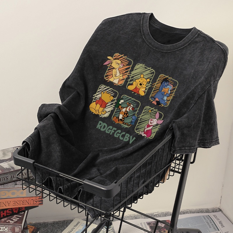 Pofloret เสื้อยืดฟอก oversize ผ้าคอตตอน เสื้อยืดแขนสั้นการ์ตูนหลวม #D0079