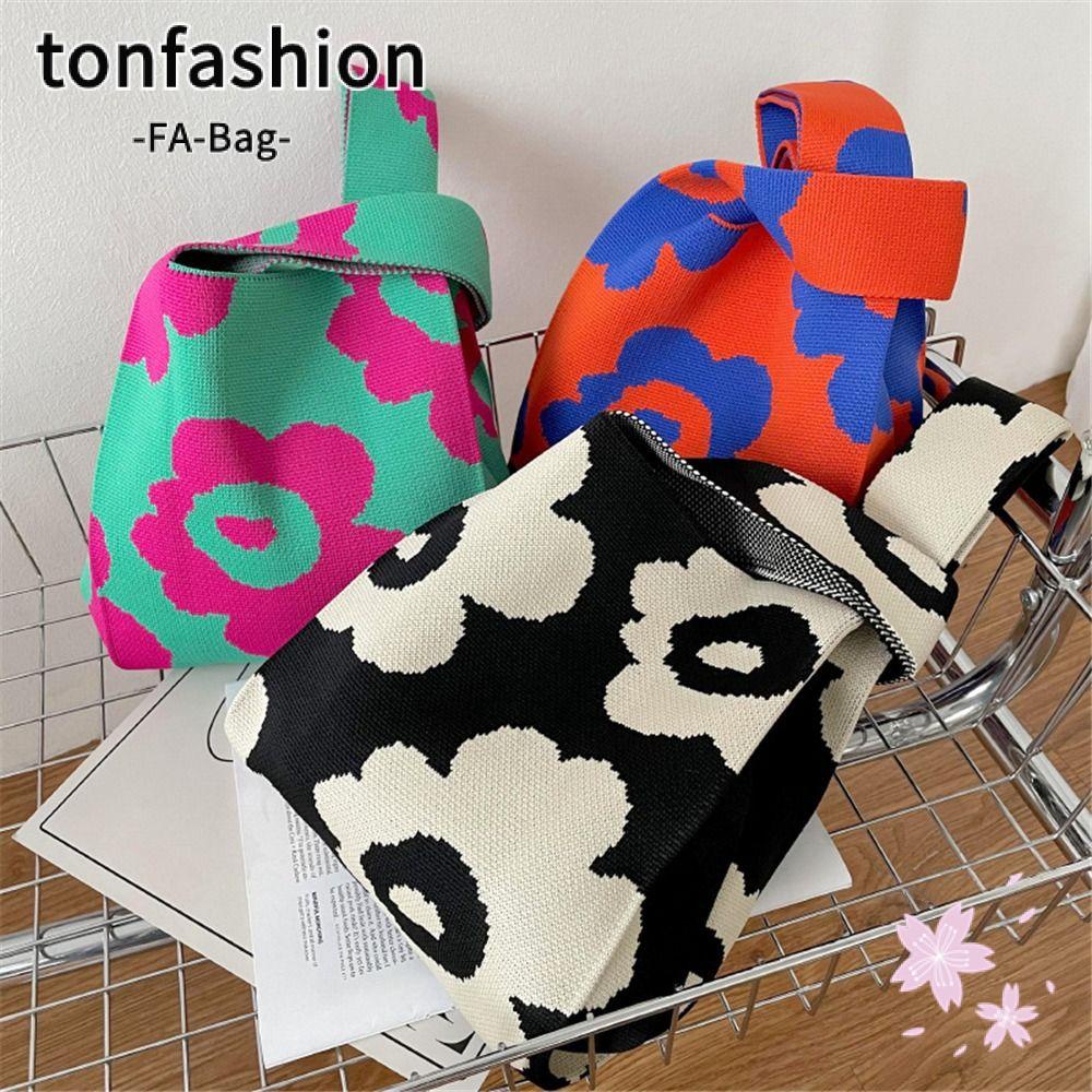 Tonfashion กระเป๋าถือ ถักนิตติ้ง ใช้ซ้ําได้ ผูกปม แฮนด์เมด กระเป๋าโท้ท