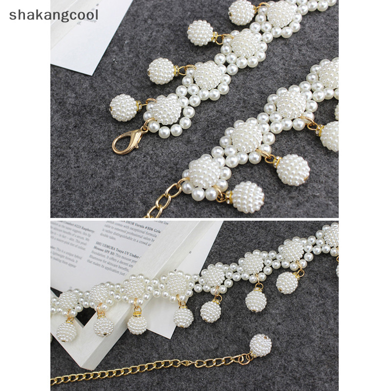 Shakangcool เข็มขัดคาดเอว ยางยืด ประดับลูกปัด ไข่มุก หรูหรา แฟชั่นสําหรับผู้หญิง SGL