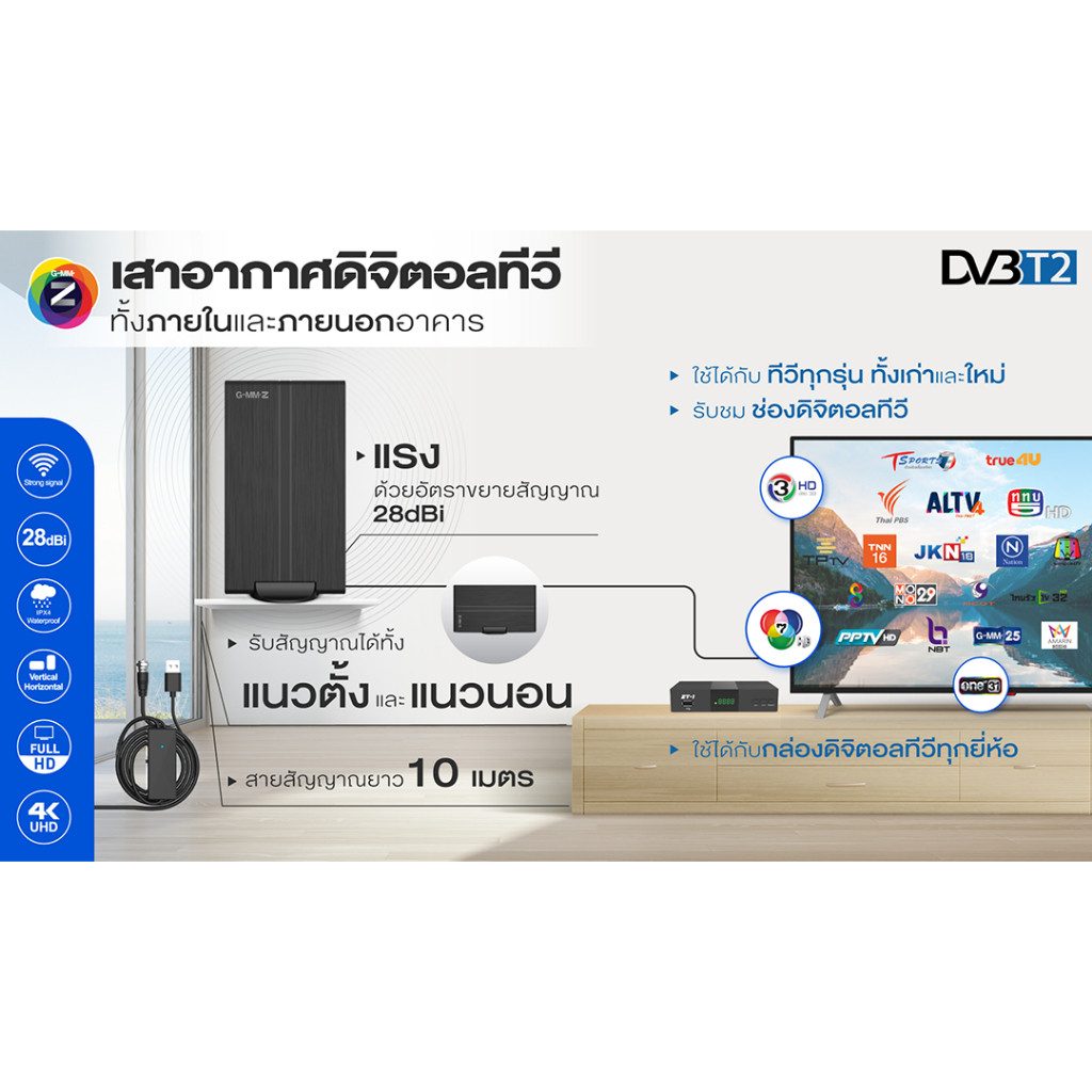 GMM Z เสาอากาศทีวีดิจิตอล รุ่น ZA1 ภายในและภายนอก พร้อมสาย