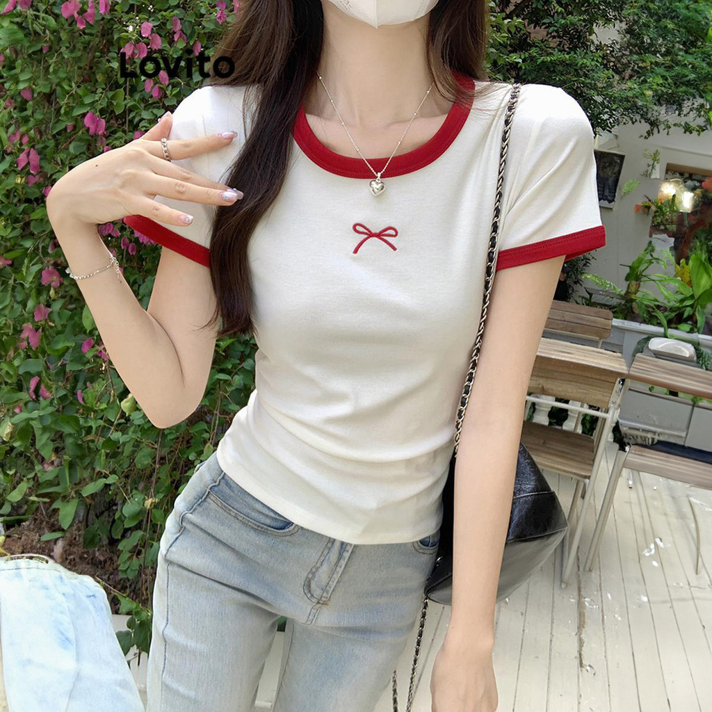 Lovito เสื้อยืดผู้หญิง มีลาย สีพื้น สไตล์ลำลอง LNA67074