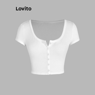 Lovito เสื้อยืดลำลอง สีพื้น มีกระดุม สำหรับสตรี L58AD017 (สีขาว)