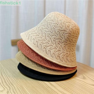 Fishstick1 หมวกบักเก็ต แบบพกพา หมวกถัก ผ้าลินิน สีพื้น เรียบง่าย สําหรับผู้หญิง