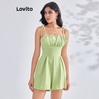 Lovito ชุดรอมเปอร์ลําลอง แบบผูกเชือก สีพื้น สําหรับผู้หญิง LBE03105 (สีเขียว)