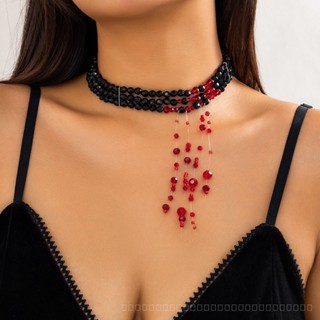 0908WSJ European and American Goths Style Beaded Collar Red Blood Drop Choker Necklace Fake Blood Imitation Crystal Tassel Halloween Ornaments V6JB