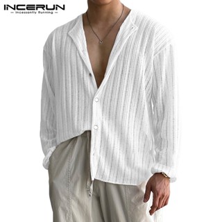 Incerun เสื้อเชิ้ตแขนยาว ผ้าถัก แนวตั้ง สีพื้น สําหรับผู้ชาย