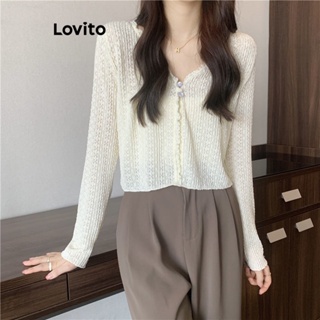 Lovito เสื้อคาร์ดิแกนลําลอง แขนยาว แบบเรียบ สําหรับผู้หญิง LNA24200 (แอปริคอท)