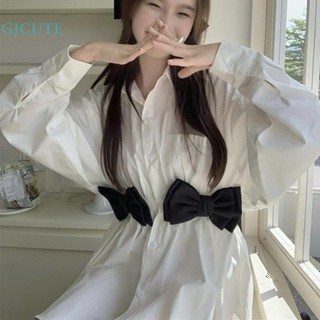 Gjcute เสื้อเชิ้ตลําลอง แขนยาว ประดับโบว์ สีขาว สง่างาม เรียบง่าย สําหรับผู้หญิง WTD