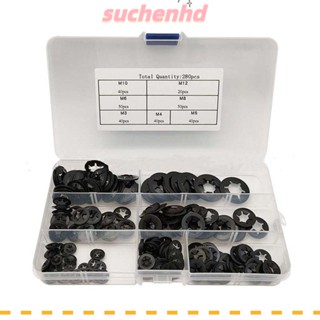 Suchenhd แหวนรองล็อกฟัน โลหะ M3 M4 M5 M6 M8 M10 M12 สีดํา พร้อมกล่องเก็บ 65 มม. 280 ชิ้น|อุปกรณ์