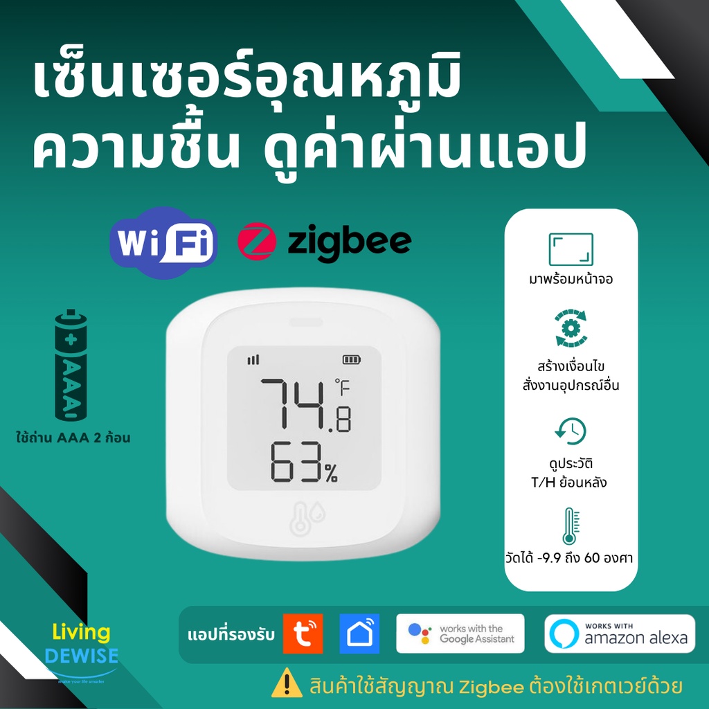 Tuya เซ็นเซอร์วัดอุณหภูมิและความชื้นพร้อมจอ Wi-Fi/Zigbee (LKTMW02/LKTMZ02) แบบใส่ถ่าน ดูค่าผ่านแอป