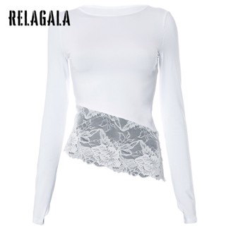 Relagala ใหม่ เสื้อยืดลําลอง แขนสั้น คอกลม ปักลายลูกไม้ สีพื้น แฟชั่นสําหรับสตรี 2023