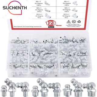 Suchenth ชุดข้อต่อจาระบีไฮดรอลิค เหล็กสังกะสี 90 องศา 45 องศา M6 M8 M10 สีเงิน สําหรับรถยนต์ 123 ชิ้น