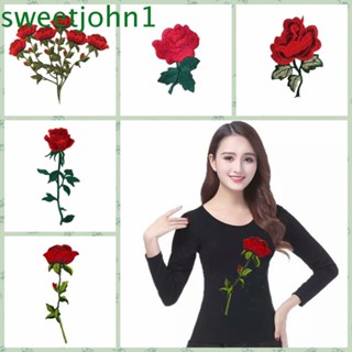 Sweetjohn แผ่นแพทช์ผ้า ปักลายดอกไม้ ดอกกุหลาบ สีแดง สําหรับเย็บผ้า 1 5 ชิ้น