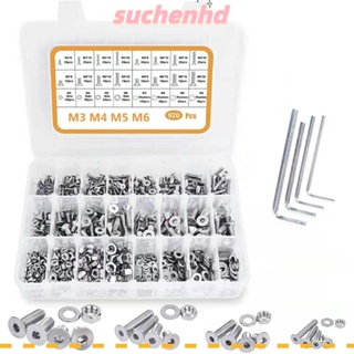 Suchenhd ชุดสกรูเมตริก สเตนเลส 304 หัวแบน หกเหลี่ยม 8 12 16 20 มม. 16 ขนาด M3 M4 M5 M6 สําหรับเครื่องซักผ้า 920 ชิ้น