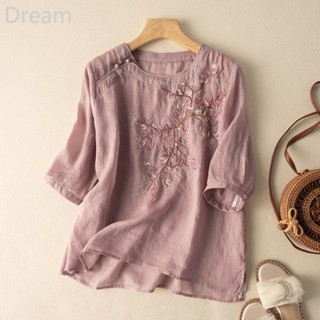 Summer round neck mid-sleeve embroidered shirt top artistic retro loose temperament cotton and linen shirt