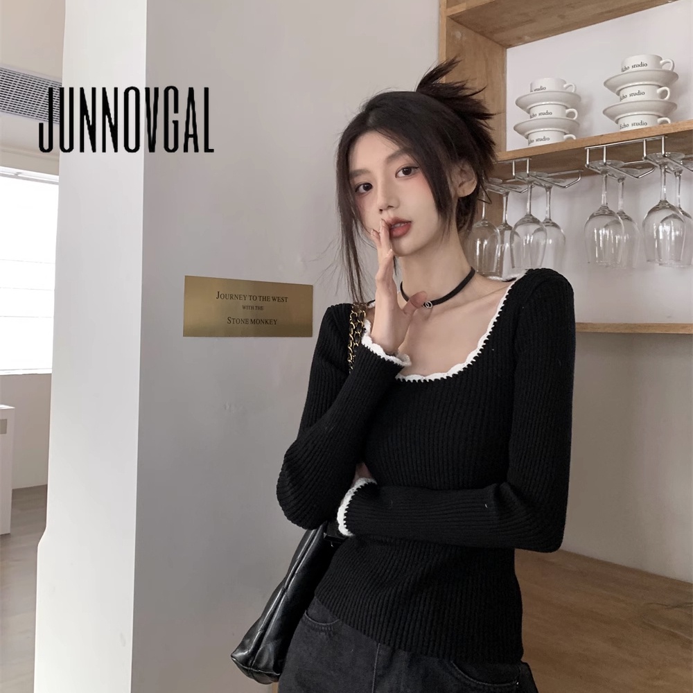 Junnovgal เสื้อยืดแขนยาว คอยู เข้ารูป สีพื้น เข้ากับทุกการแต่งกาย แฟชั่นใหม่ สําหรับผู้หญิง 2023