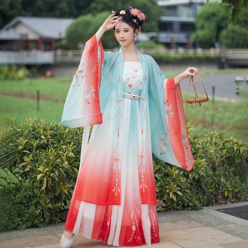 Hanfu [Fengyi World] เสื้อเชิ้ต แขนยาว พิมพ์ลาย แต่งไล่โทนสี สไตล์ฮั่นฝู สําหรับผู้หญิง