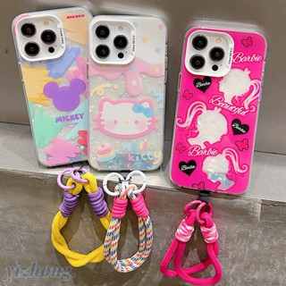 เคสโทรศัพท์มือถือ TPU นิ่ม กันรอยขีดข่วน ลายการ์ตูน Hello Kitty Mickey Barbie พร้อมสายคล้อง สําหรับ iPhone 15 14 13 Pro Max 12