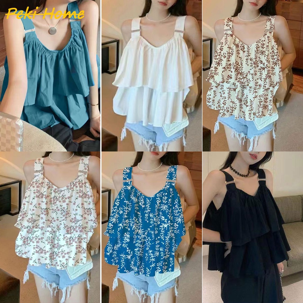 พร้อมส่ง เสื้อคอกระเช้าเเขนกุดลายดอกไม้ สีสันสดใส