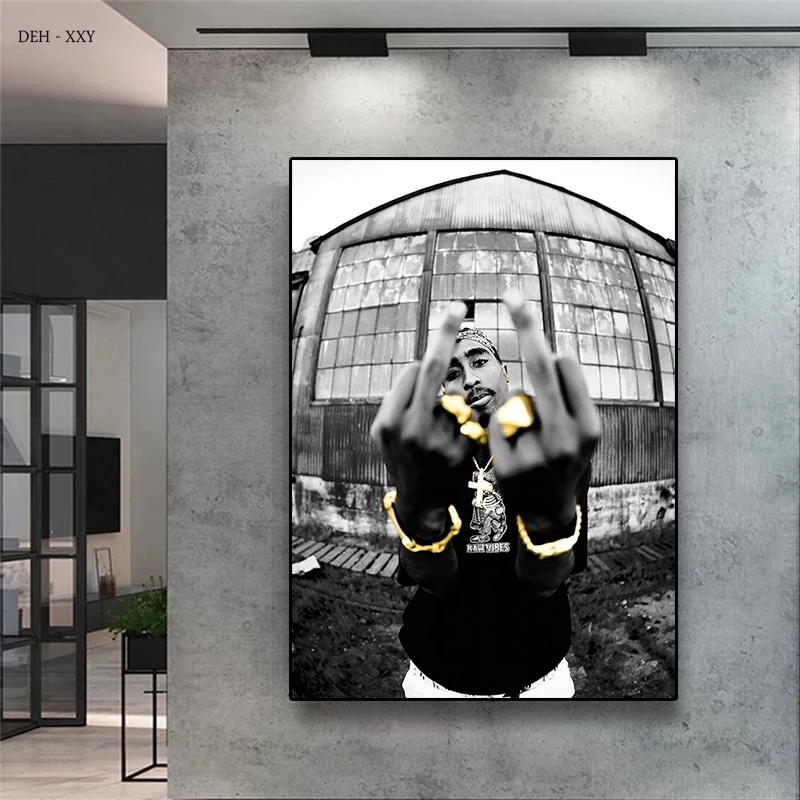 Rapper โปสเตอร์ HiP Hop นักร้อง 2PAC ผ้าใบพิมพ์ภาพวาด Rap Legend สีดําและสีขาว Wall Art ภาพ Home Roo