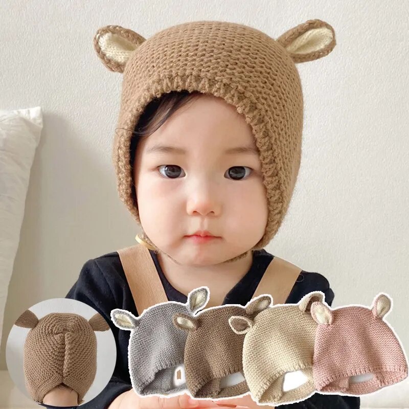 หมวกบีนนี่ ผ้าถัก แต่งหูกระต่าย สีพื้น ให้ความอบอุ่น แฟชั่นฤดูใบไม้ร่วง และฤดูหนาว สําหรับเด็กทารกแรกเกิดผู้หญิง อายุ 0-12 เดือน