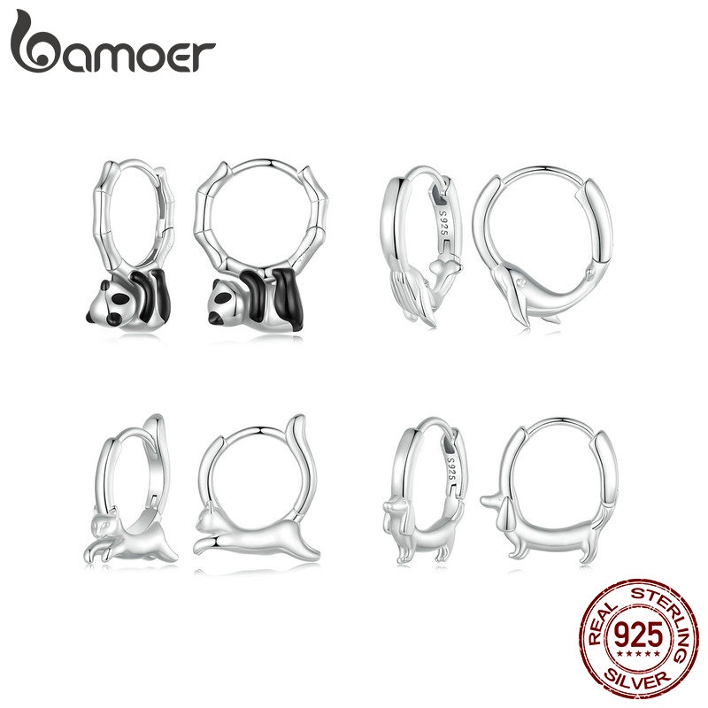Bamoer ต่างหูเงินสเตอร์ลิง 925 จี้รูปสัตว์ แพนด้า ปลาวาฬ ลูกแมว ดัชชุนด์ เครื่องประดับ ของขวัญ สําหรับผู้หญิง