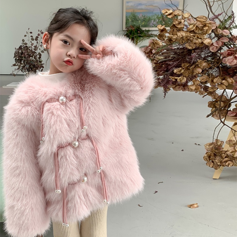 Girls Fox Fur เสื้อผ้าเด็กฤดูหนาวเสื้อผ้าเด็กผู้หญิง Pearl Buckle Quilted Fur Coat Classy Celebrity 