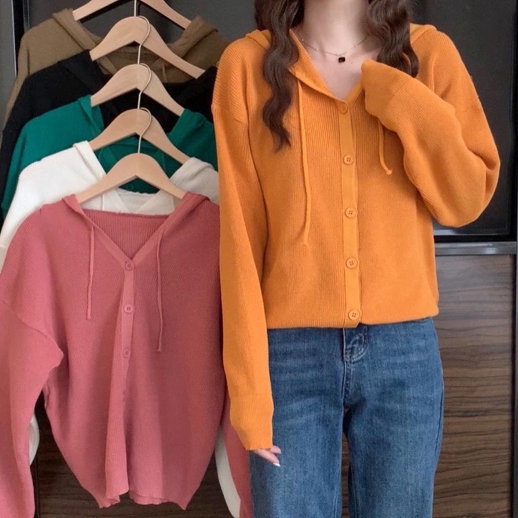 mimi&didi ใหม่ เสื้อกันหนาว แขนยาว มีฮู้ด แฟชั่น คอวี สไตล์เกาหลี สีทึบ#9685
