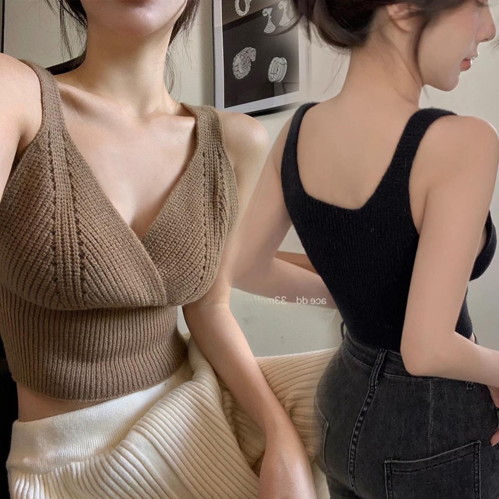 mimi&did สายเดี่ยวไหมพรม เสื้อครอปเซ็กซี่ แฟชั่น คอวี สีทึบเพรียวบางเรียบง่ายสำหรับผู้หญิง#U045