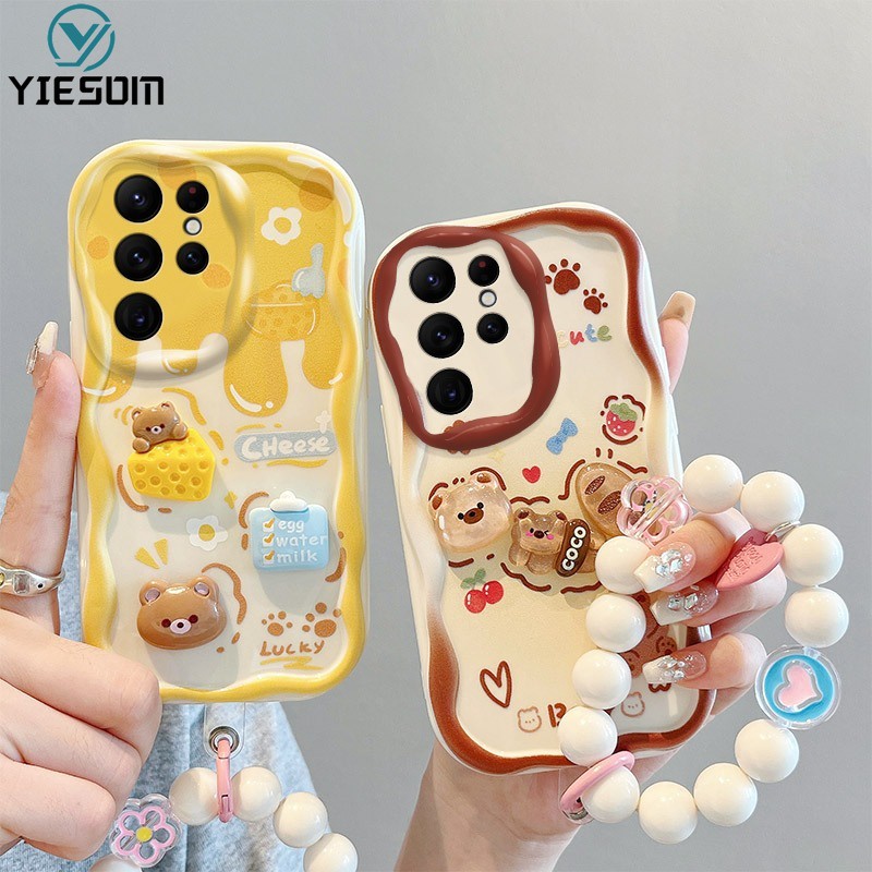 เคสโทรศัพท์มือถือ ซิลิโคนนิ่ม ลายการ์ตูนหมีน่ารัก 3D พร้อมสายคล้องมือ สําหรับ Samsung Galaxy S23 S22 S21 Ultra S22 S21 Plus S20 S21 FE