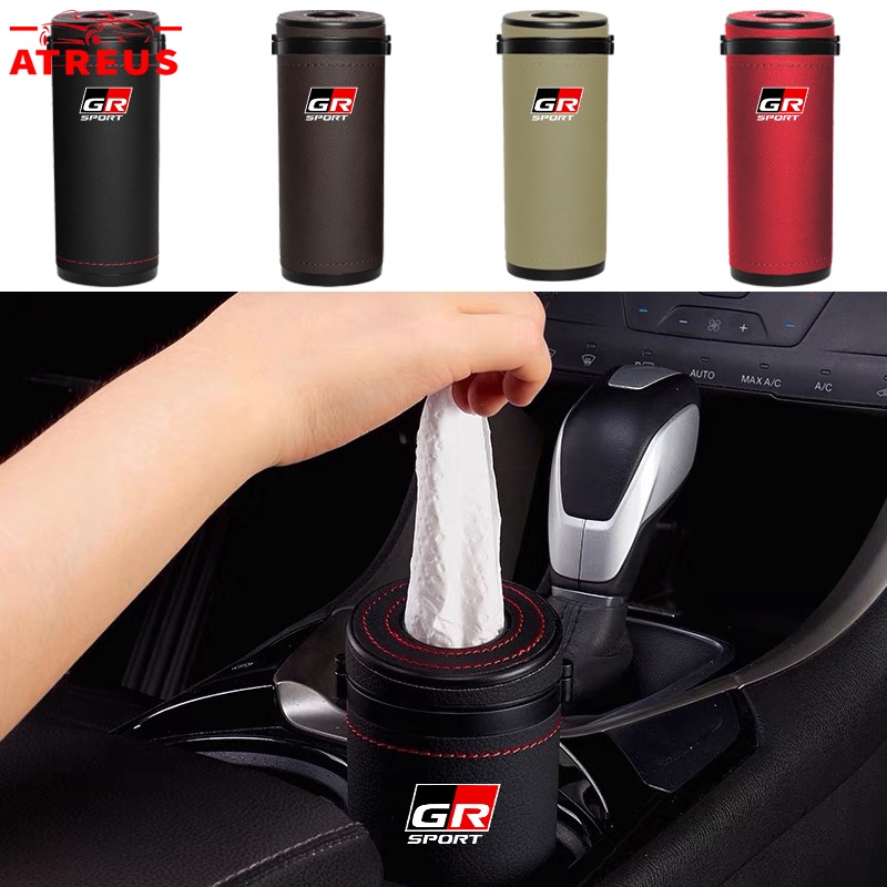 GR Sport ที่ใส่ทิชชู่ในรถ กล่องใส่ทิชชู่ สามารถวางในที่วางแก้วได้ วัสดุหนัง กล่องเก็บทิชชู่ในรถยนต์ สําหรับ Toyota Prius Fortuner Corolla Cross CHR Camry Wish Vios Veloz Estima Sienta Yaris Ativ Altis Sienta bZ4X Hiace Hilux Revo