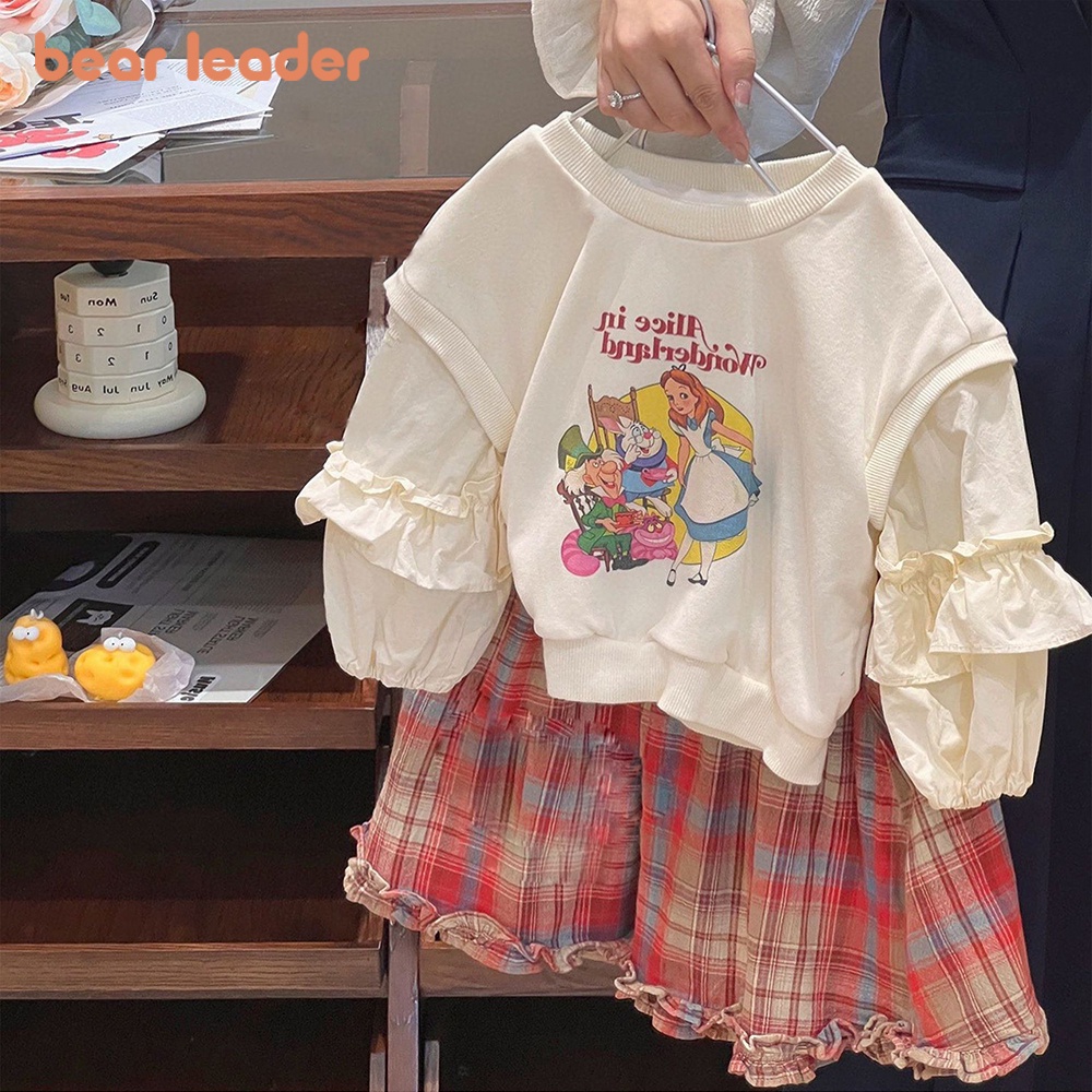 เสื้อกันหนาว พิมพ์ลายการ์ตูนหมี และกระโปรง ลายสก๊อต แฟชั่นฤดูใบไม้ผลิ และฤดูใบไม้ร่วง สําหรับเด็กผู้หญิง 2-7 ปี 2 ชิ้น