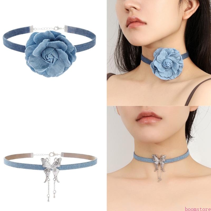 Boom สร้อยคอโชคเกอร์ จี้ดอกกุหลาบ สีฟ้า ใส่สบาย แฟชั่นสําหรับผู้หญิง