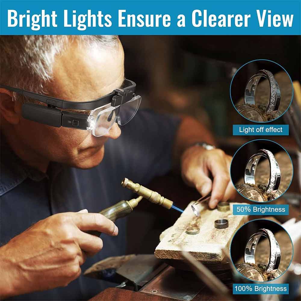 Hands free LED lighting glasses with 3 lenses and 6 magnifying glasses