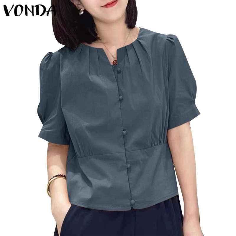 Vonda เสื้อเชิ้ต คอกลม แขนพอง ติดกระดุม สไตล์เกาหลี สําหรับผู้หญิง