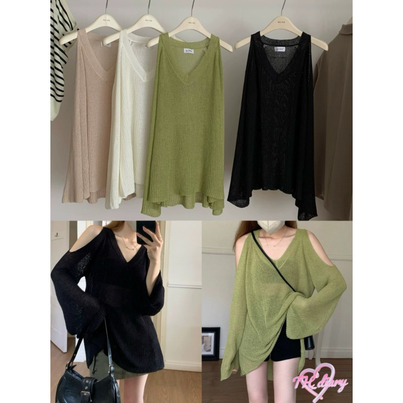 เสื้อเชิ้ตแขนยาวผู้หญิงคอวี 4สี ฤดูใบไม้ผลิและฤดูใบไม้ร่วงรูปแบบใหม่ เสื้อสเวตเตอร์กันแดดทรงหลวม จัดส่งจากกรุงเทพ Q090
