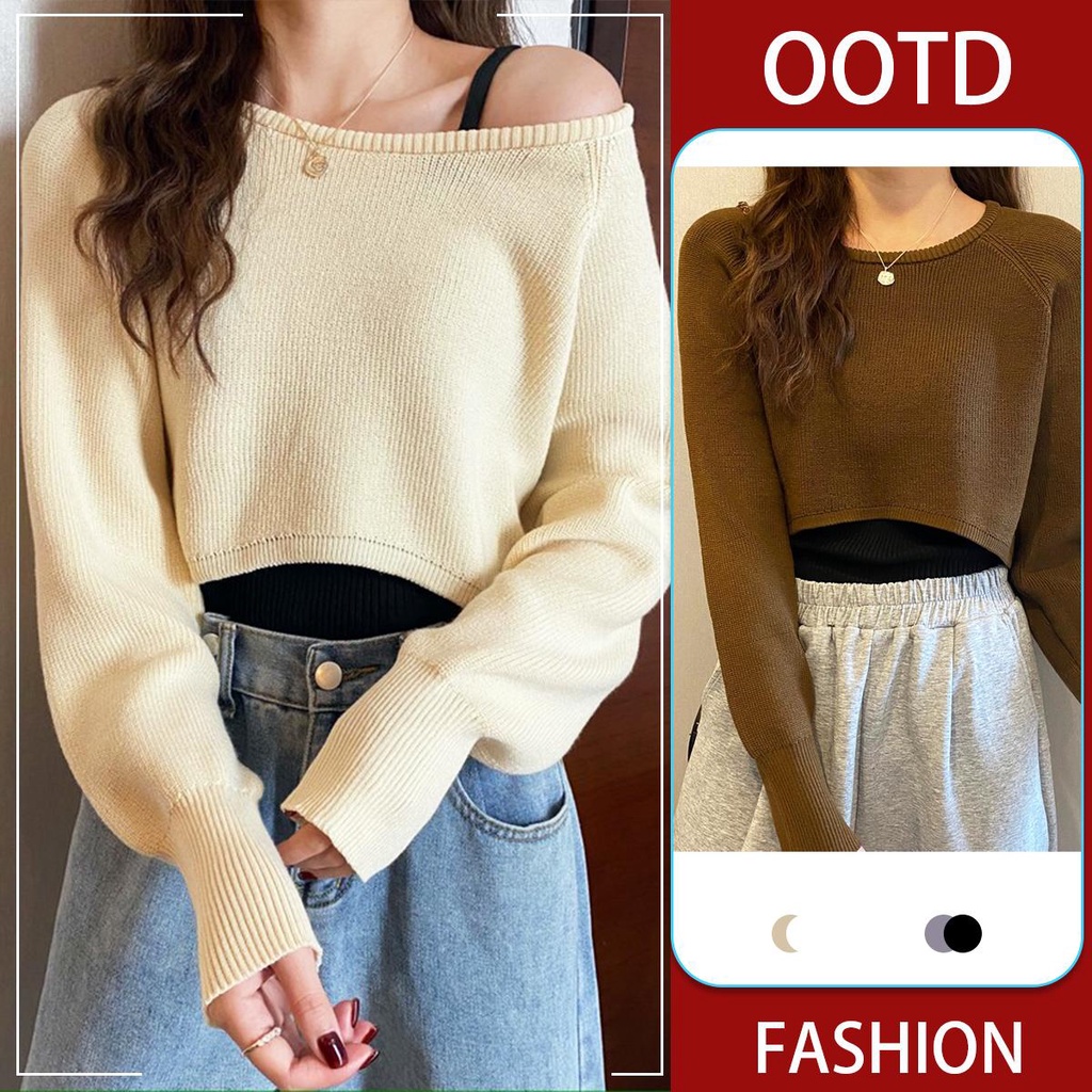 ❤️KOKO ❤️ เสื้อกันหนาวผู้หญิง เสื้อครอป แขนยาว แฟชั่นย้อนยุค คอกลม สไตล์เกาหลี โชว์เอว ผ้าไหมพรมชักร่องแต่งลายในตัว